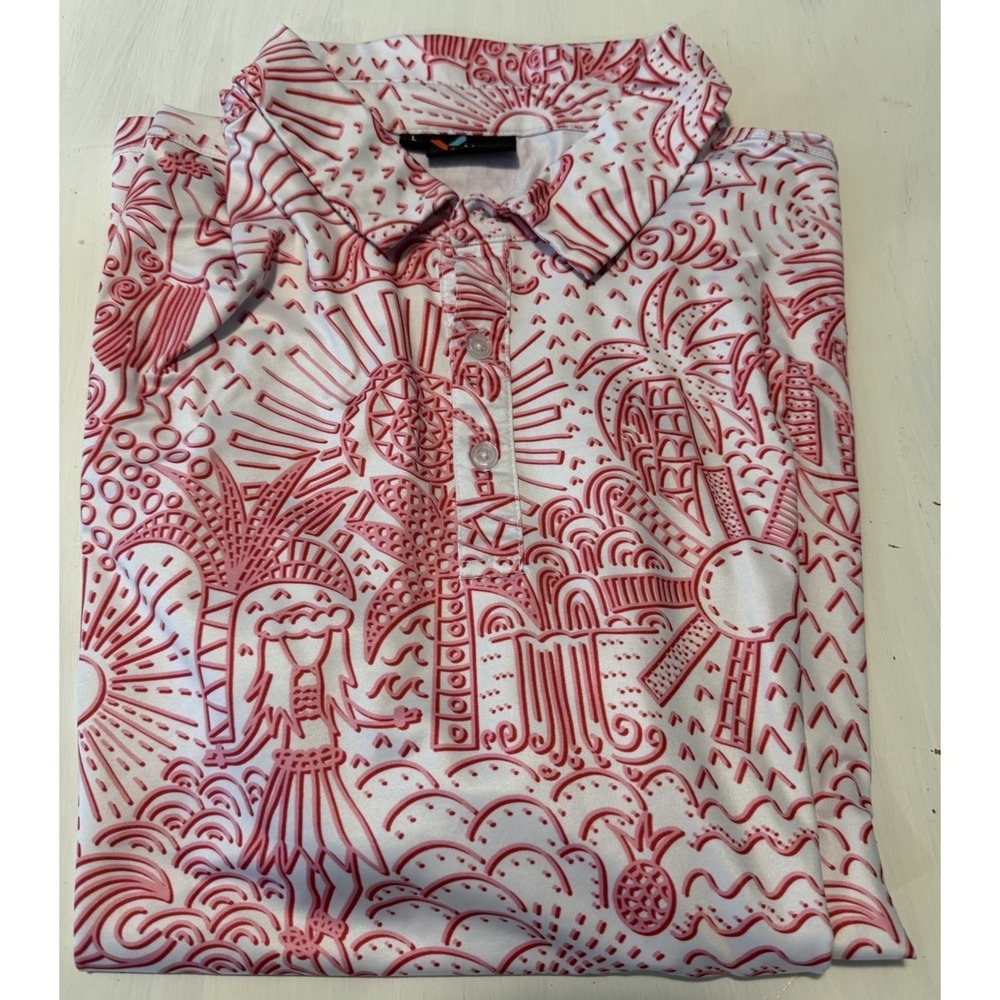 Yatta Golf Men's Polo Shirt Size Large, Shaka Life Hawaiian Tropical Hula Pink